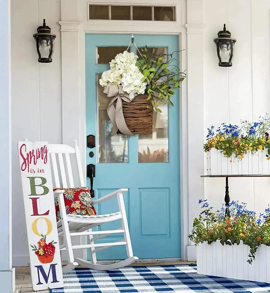 BowLift | Door hanger with cream hydrangeas – rattan basket wreath with artificial flowers