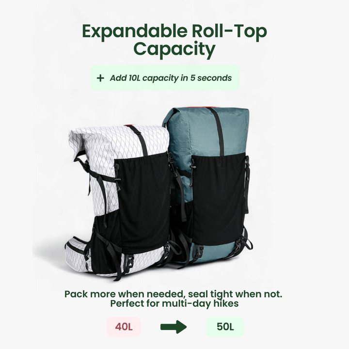 BowLift | Ultralight 50L adventure backpack with rolltop and ripstop nylon
