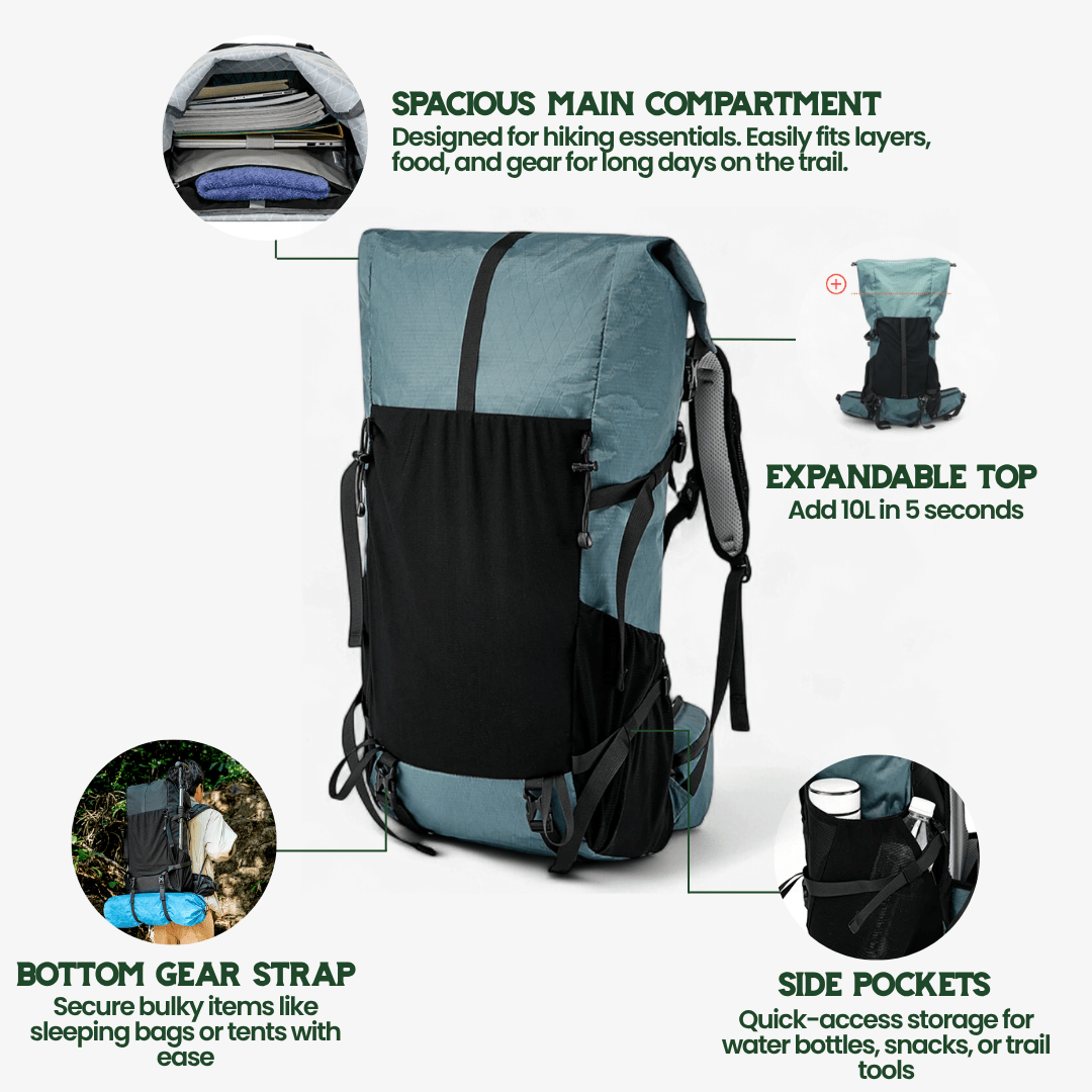 BowLift | Ultralight 50L adventure backpack with rolltop and ripstop nylon
