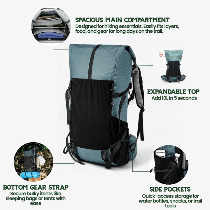 BowLift | Ultralight 50L adventure backpack with rolltop and ripstop nylon