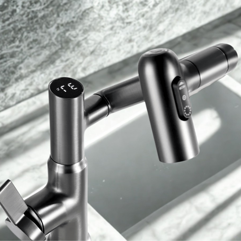 BowLift | FLOWAXIS – 360° Swiveling Kitchen Faucet with Adjustable Height & Temperature Display