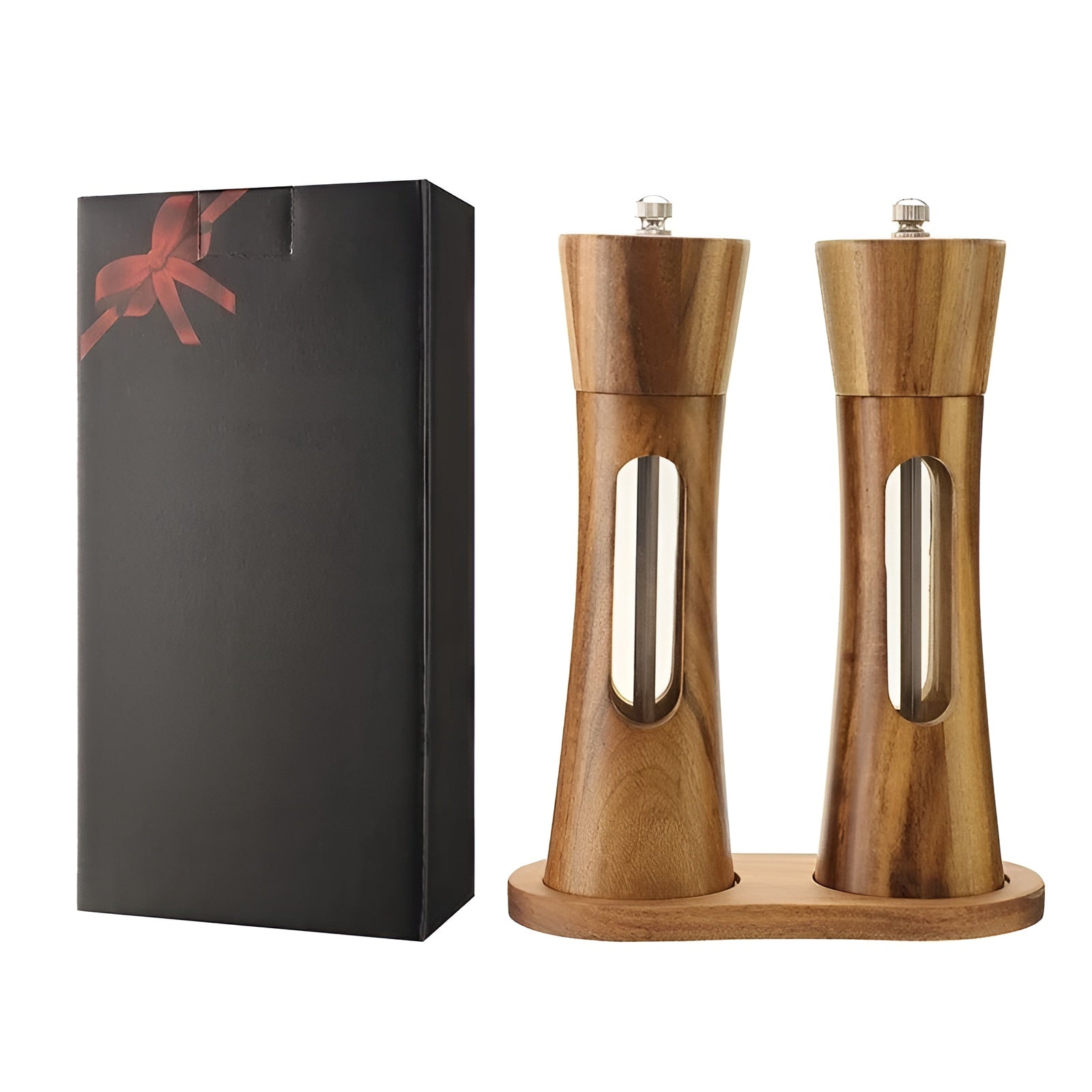 BowLift | SpiceCraft Manual Salt and Pepper Mill Set – Wooden Design with Acrylic Window Adjustable Grind Levels