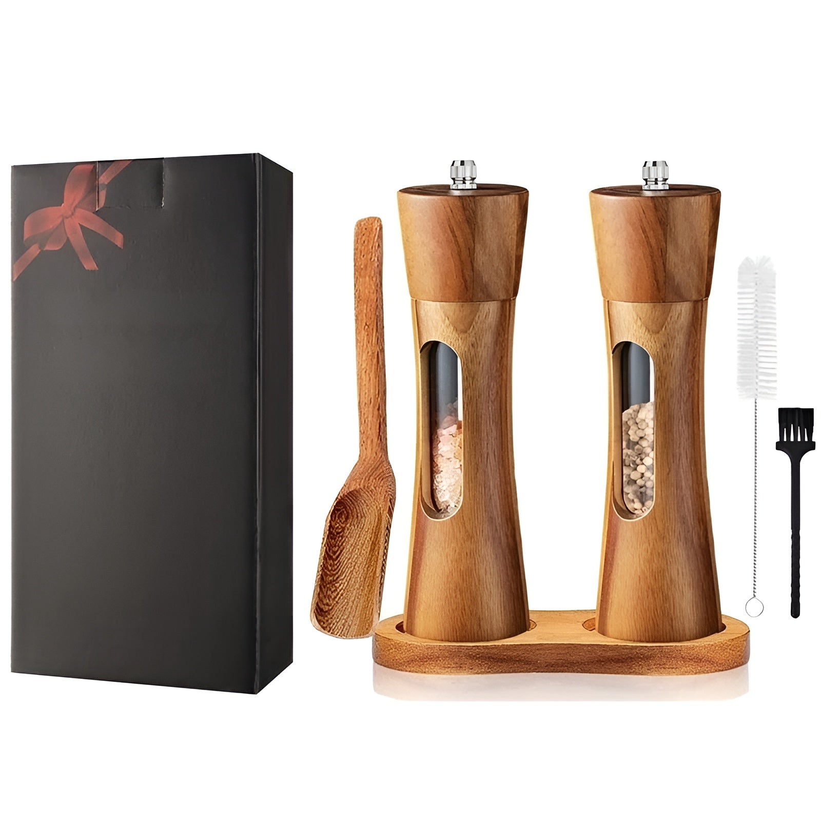 BowLift | SpiceCraft Manual Salt and Pepper Mill Set – Wooden Design with Acrylic Window Adjustable Grind Levels