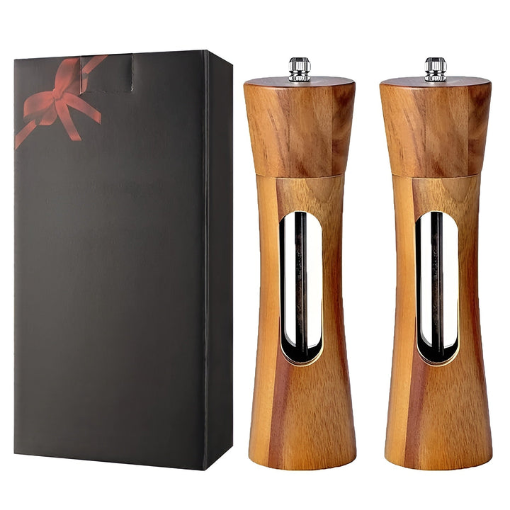 Manual salt and pepper mills – wood design with acrylic window | Set of 2 mills | Bowlift
