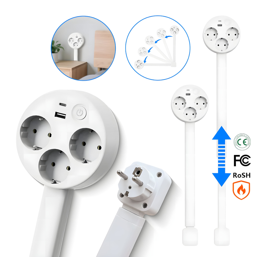 BowLift | Retractable Wall Plug Arm – Flexible power source with USB and rotation