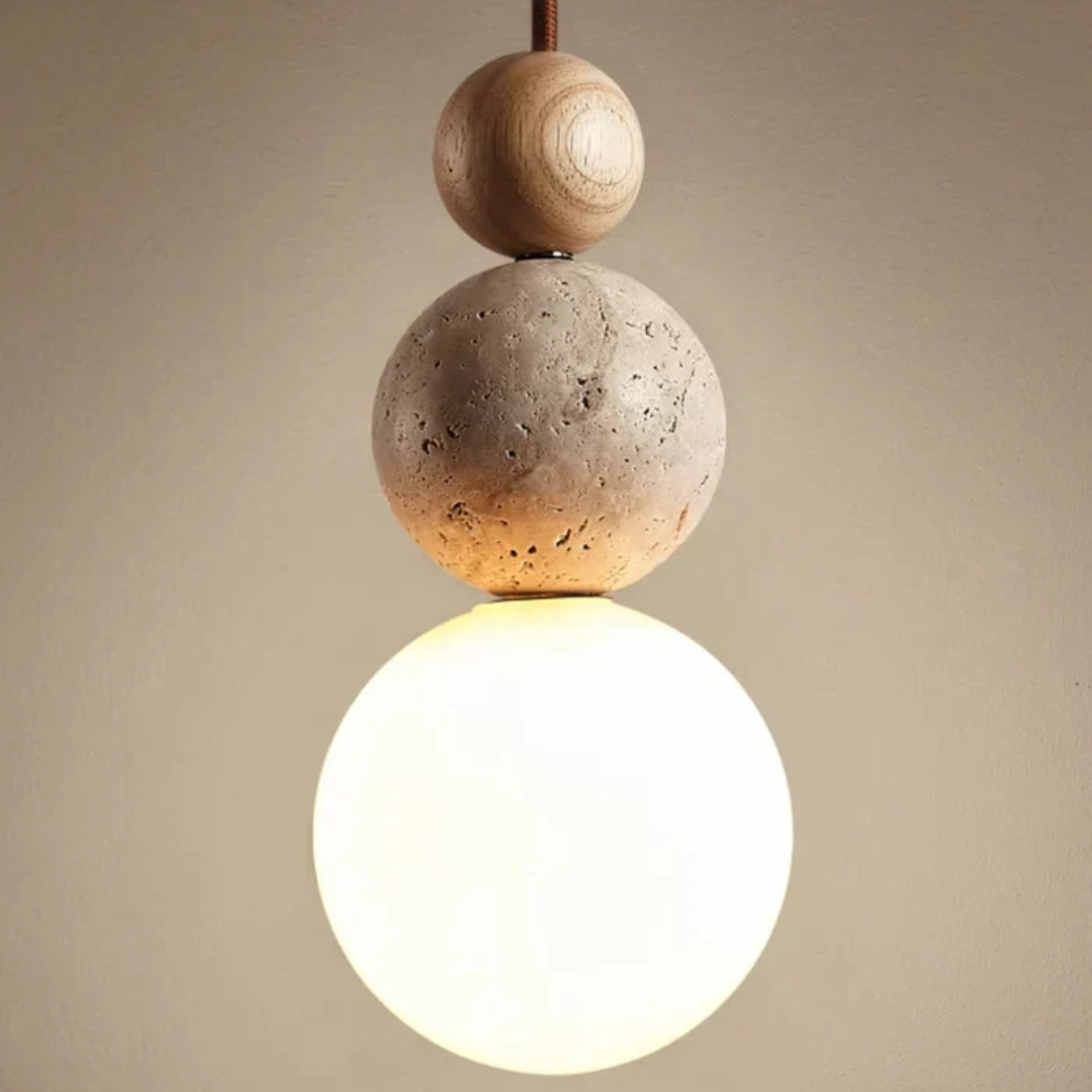 BowLift | Modern Travertine and Mahogany Pendant Light - NaturaLuxe