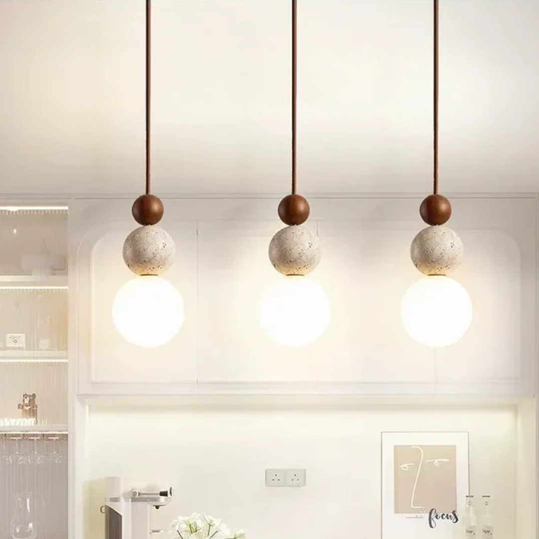 BowLift | Modern Travertine and Mahogany Pendant Light - NaturaLuxe