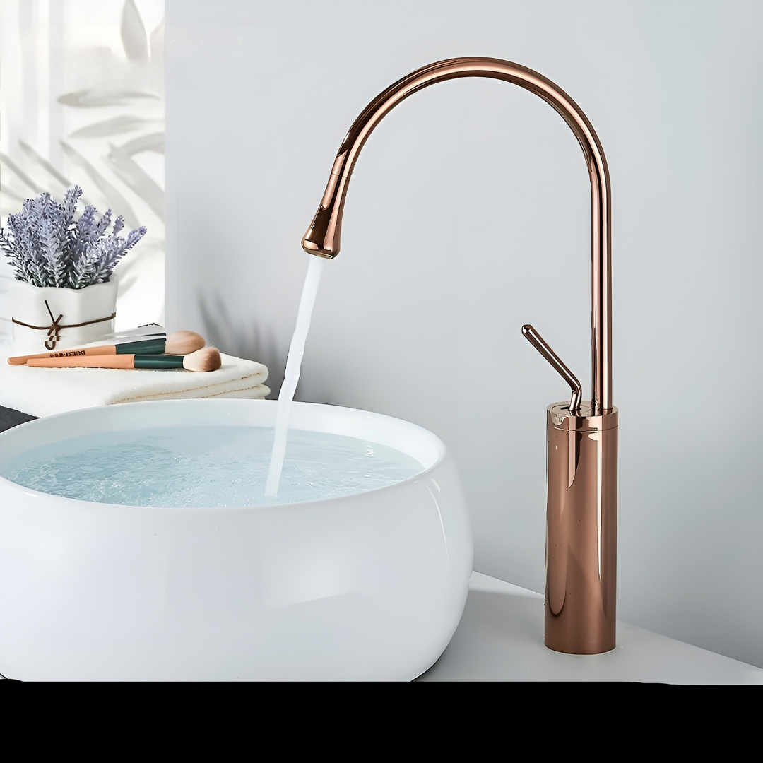 Washbasin tap in brushed look – countertop tap, hot-cold mixer, brass fitting for the living area | Bowlift