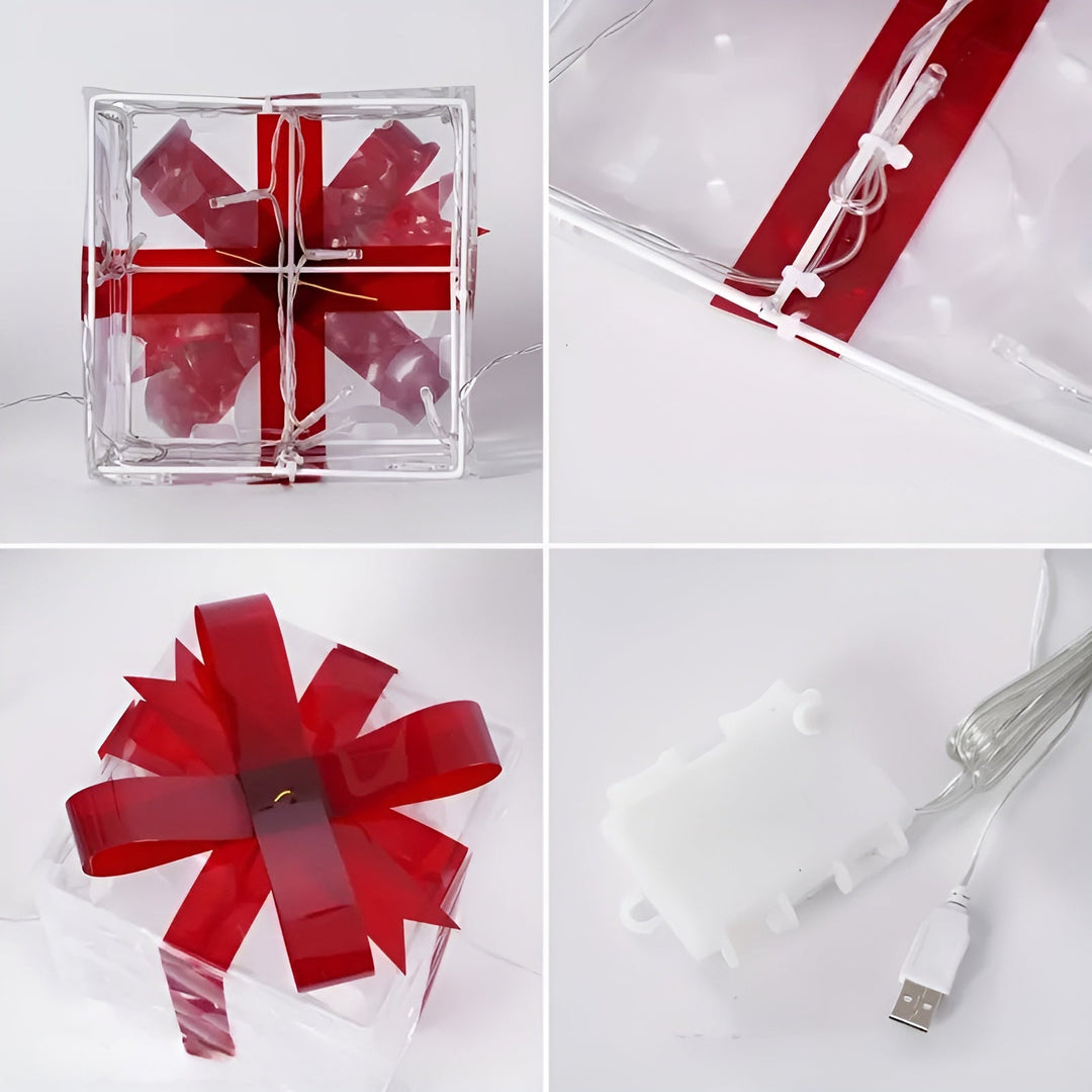 Bright gift boxes in a set of 3 – Transparent Christmas decoration with red ribbons | For indoors & outdoors | Bowlift