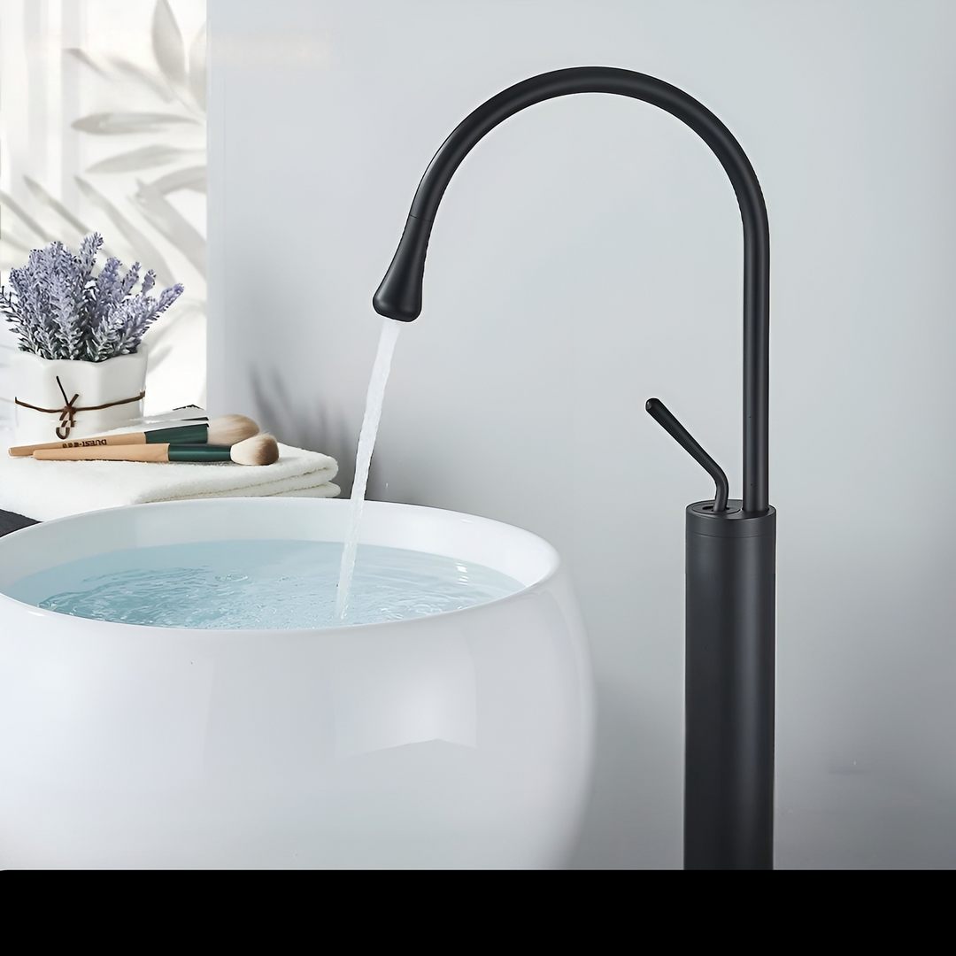 Washbasin tap in brushed look – countertop tap, hot-cold mixer, brass fitting for the living area | Bowlift