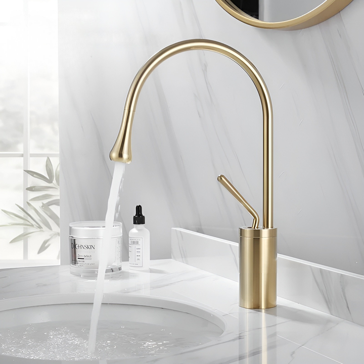 Washbasin tap in brushed look – countertop tap, hot-cold mixer, brass fitting for the living area | Bowlift