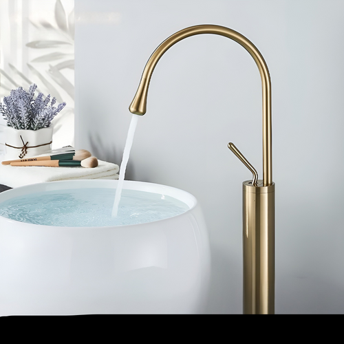Washbasin tap in brushed look – countertop tap, hot-cold mixer, brass fitting for the living area | Bowlift