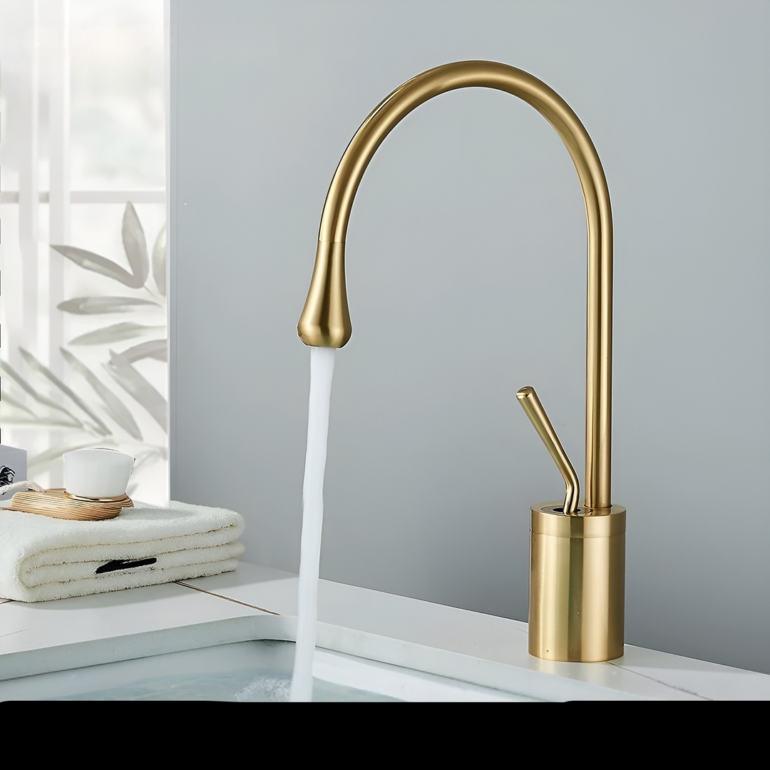 Washbasin tap in brushed look – countertop tap, hot-cold mixer, brass fitting for the living area | Bowlift