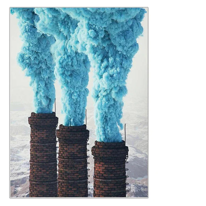 Vibrant Landscapes Wall Art Fine Art Canvas Prints - Volcanic Mountain with Pink Smoke & Industrial Chimneys with Blue Emissions Be Inspired By Stunning Contrasts in Nature and Industry | Bowlift
