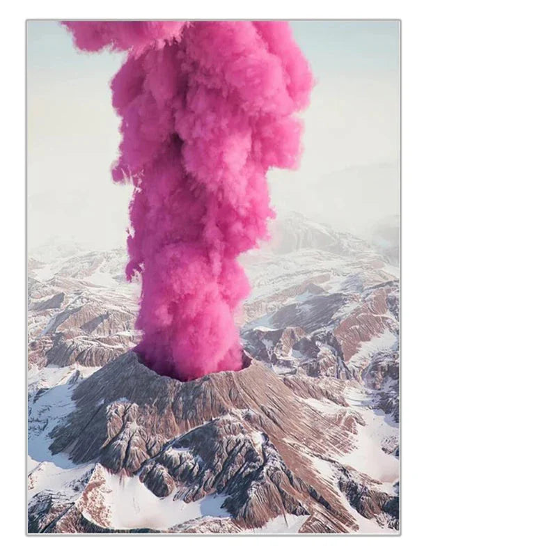 Vibrant Landscapes Wall Art Fine Art Canvas Prints - Volcanic Mountain with Pink Smoke & Industrial Chimneys with Blue Emissions Be Inspired By Stunning Contrasts in Nature and Industry | Bowlift