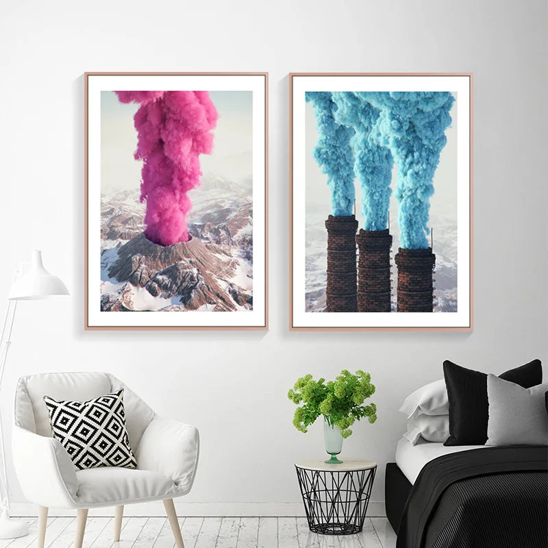 Vibrant Landscapes Wall Art Fine Art Canvas Prints - Volcanic Mountain with Pink Smoke & Industrial Chimneys with Blue Emissions Be Inspired By Stunning Contrasts in Nature and Industry | Bowlift