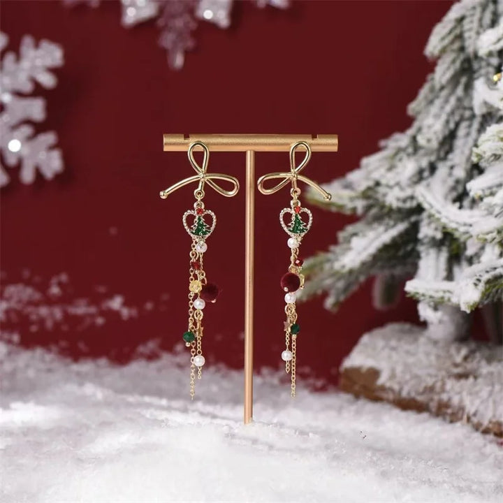 BowLift | Lunarelle Vintage Kerstboom Oorbellen – Groen & Goud, Lichtgewicht en Feestelijk met Elegante Strik