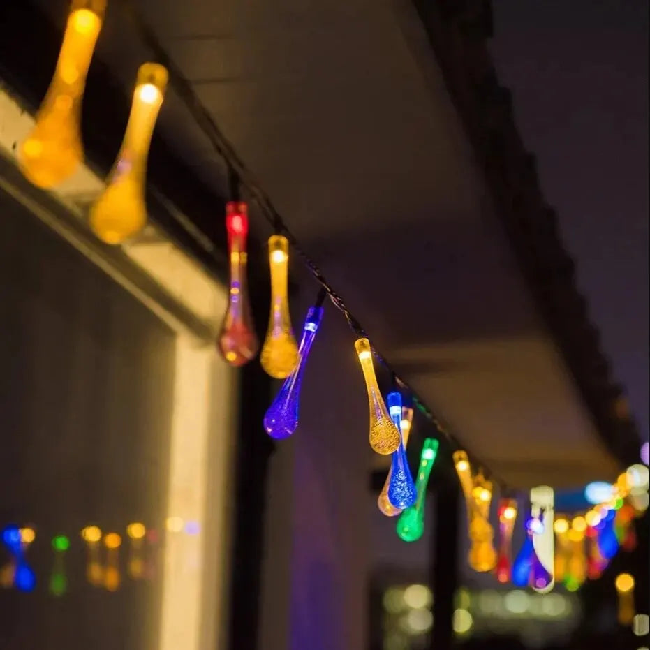 Solar-powered dew drop string lights for garden, waterproof LED decorative lighting for outdoor areas | Bowlift