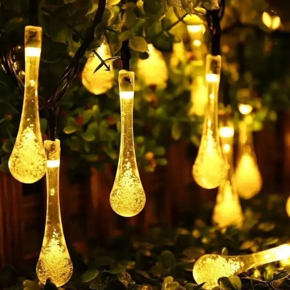 Solar-powered dew drop string lights for garden, waterproof LED decorative lighting for outdoor areas | Bowlift