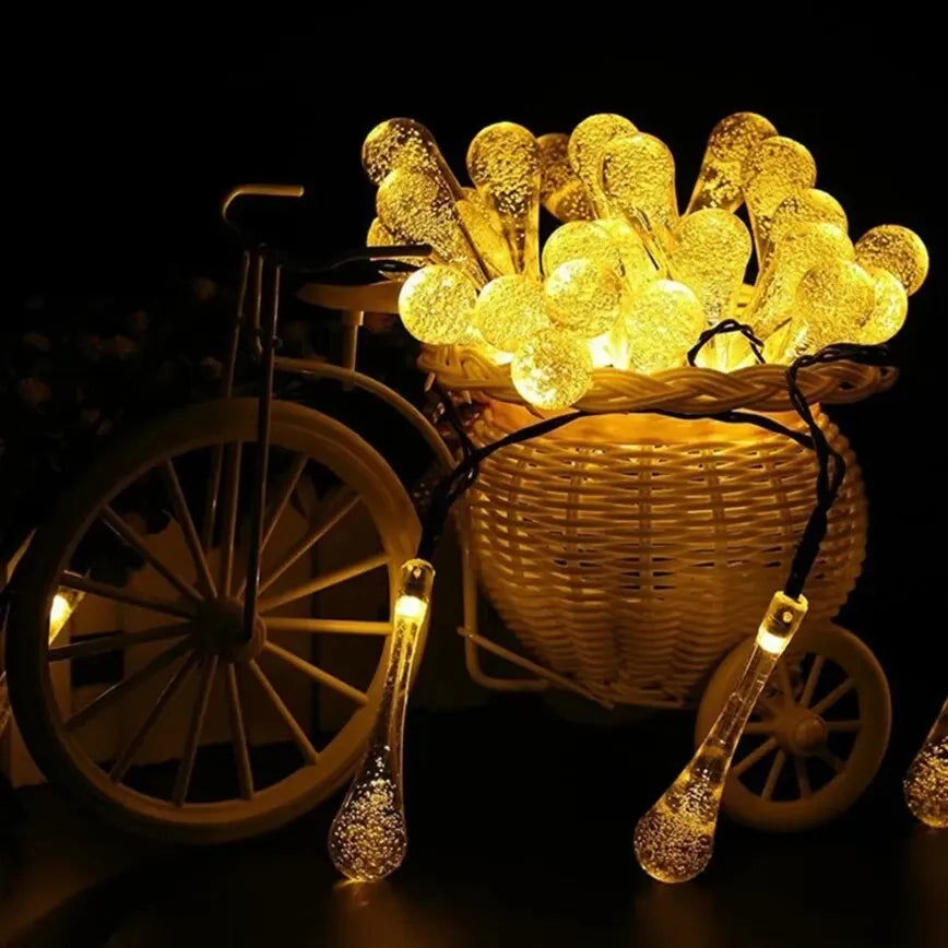 Solar-powered dew drop string lights for garden, waterproof LED decorative lighting for outdoor areas | Bowlift