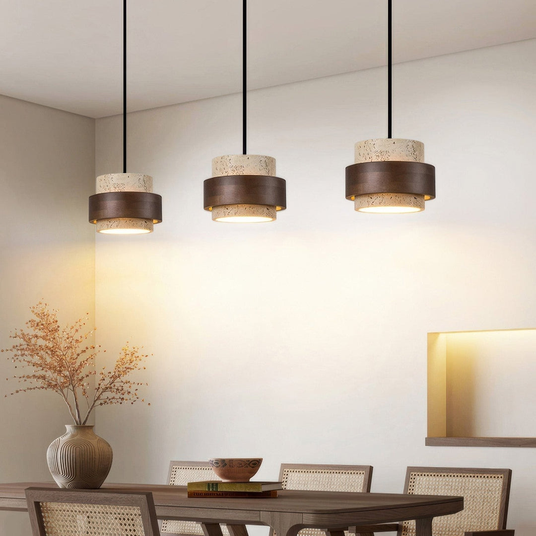 BowLift | Wabi-Sabi Retro Stone Pendant made of Natural Travertine and Wood – Modern Decorative Element with Adjustable Height and LED