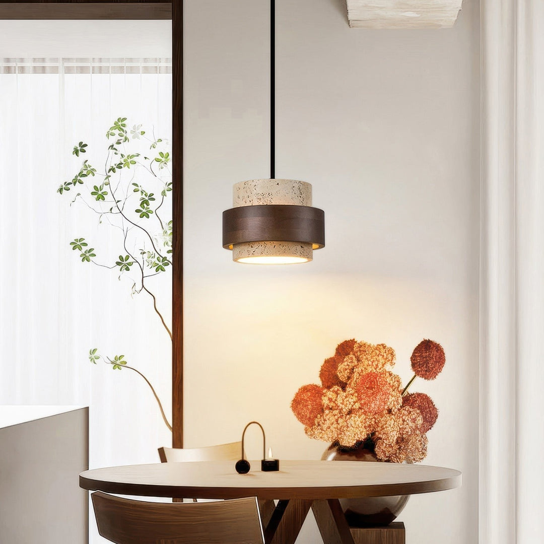 BowLift | Wabi-Sabi Retro Stone Pendant made of Natural Travertine and Wood – Modern Decorative Element with Adjustable Height and LED