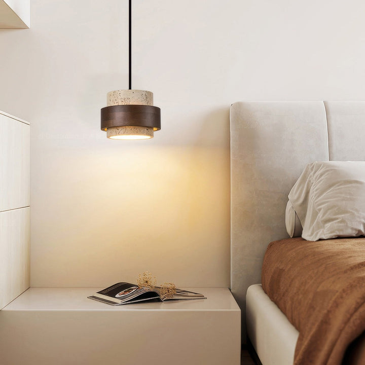 BowLift | Wabi-Sabi Retro Stone Pendant made of Natural Travertine and Wood – Modern Decorative Element with Adjustable Height and LED