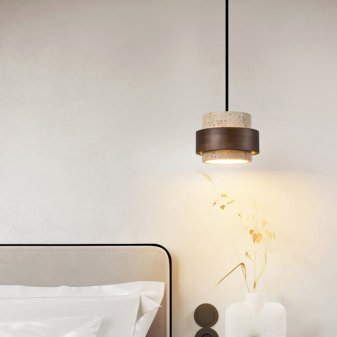 BowLift | Wabi-Sabi Retro Stone Pendant made of Natural Travertine and Wood – Modern Decorative Element with Adjustable Height and LED