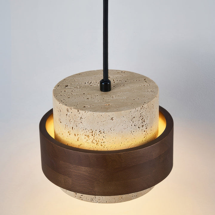 BowLift | Wabi-Sabi Retro Stone Pendant made of Natural Travertine and Wood – Modern Decorative Element with Adjustable Height and LED