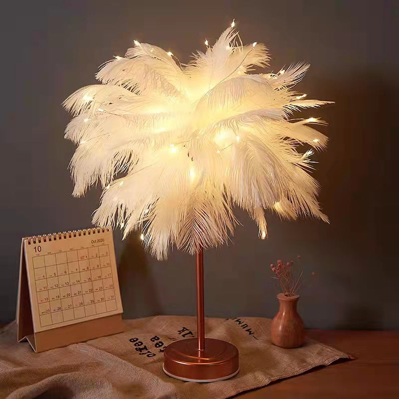 Ostrich Night Light | Eccentric Lamp with Feathers & Rose Gold Base | Bowlift