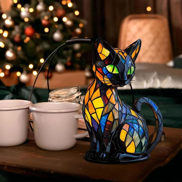 BowLift | Stained glass cat-shaped table lamp with LED lighting – 30-36 cm