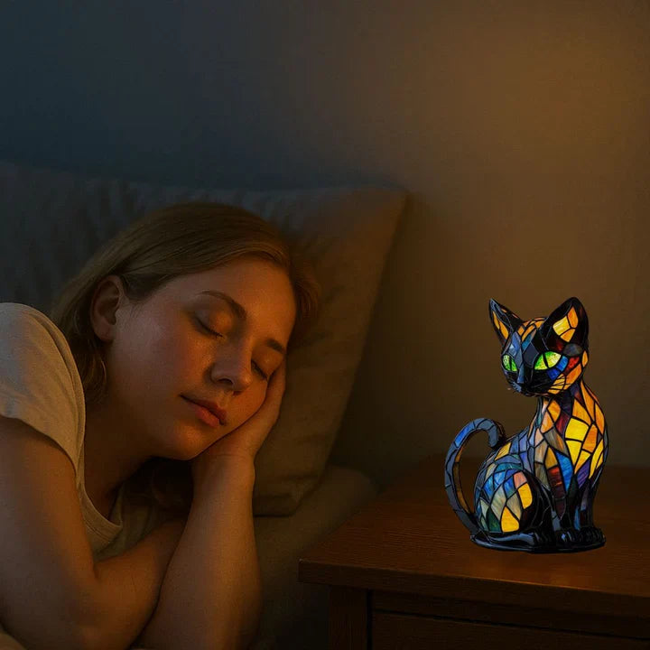 BowLift | Stained glass cat-shaped table lamp with LED lighting – 30-36 cm