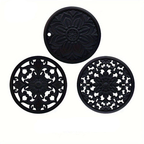 BowLift | Set of 3 Heat Resistant Silicone Mats with Floral Pattern – Protection up to 230°C, Non-Slip, 16 cm