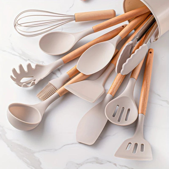 BowLift | Silicone kitchen utensil set with wooden handles – Heat-resistant cooking tools