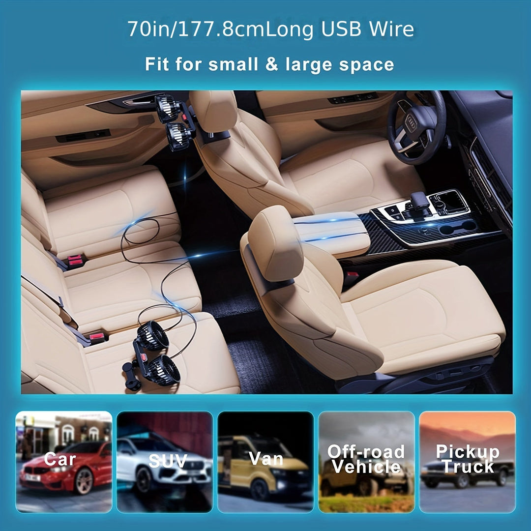 1 Pc Car Fan, Car Small Air Conditioner, Double-headed Rear Fan, Strong Wind, 360 Degrees Rotation, Large Air Volume, Subwoofer Operation, Base Fixed Clip Mounting Method, Suitable For Car Home | Bowlift