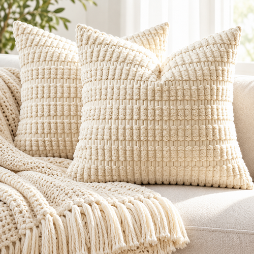 Textured Plush Decorative Throw Pillow Cover with Chenille Grid Pattern Bowlift