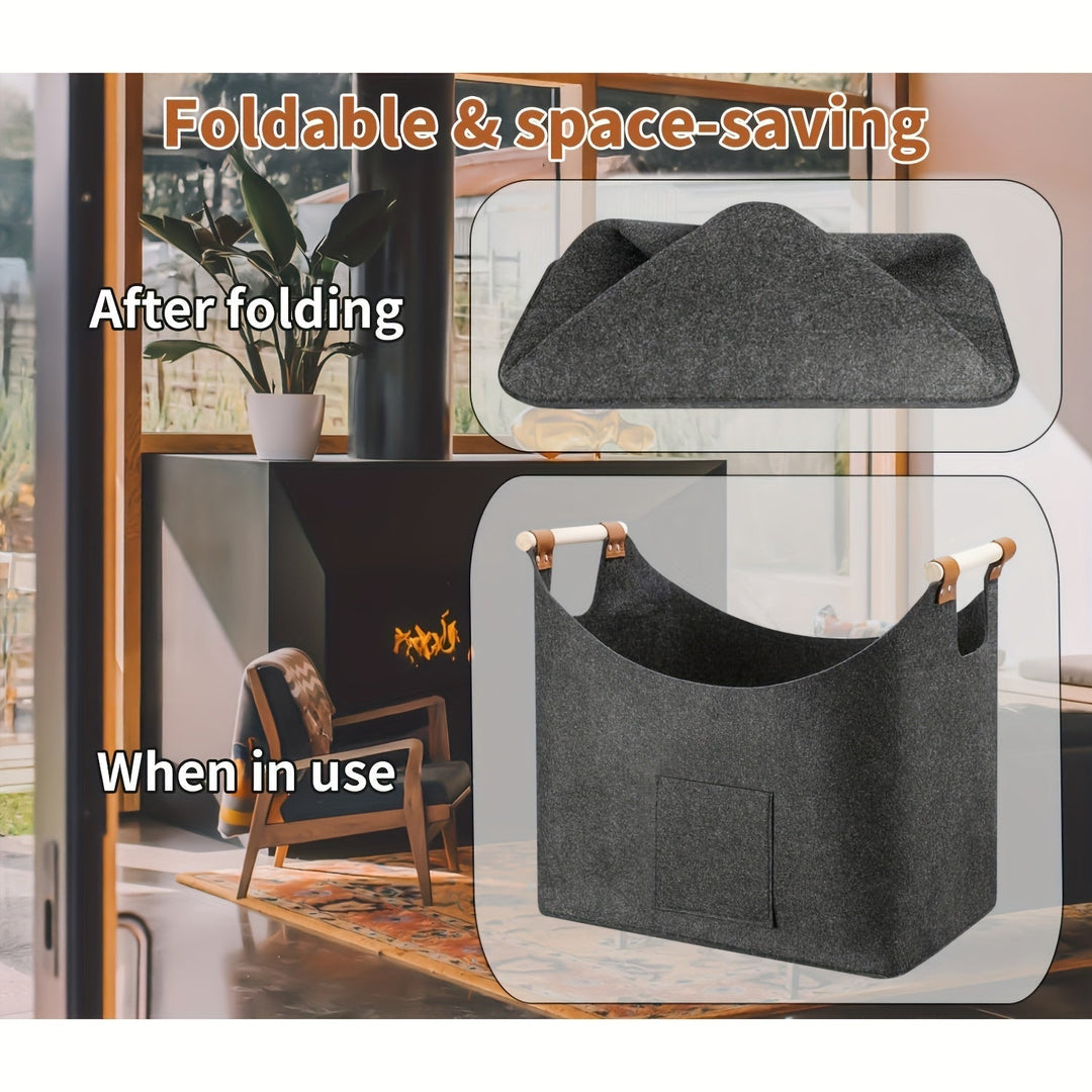 BowLift | Feldura Foldable Felt Wood Holder 55 liters with Wooden Handles and Leather Accents, Dark Gray