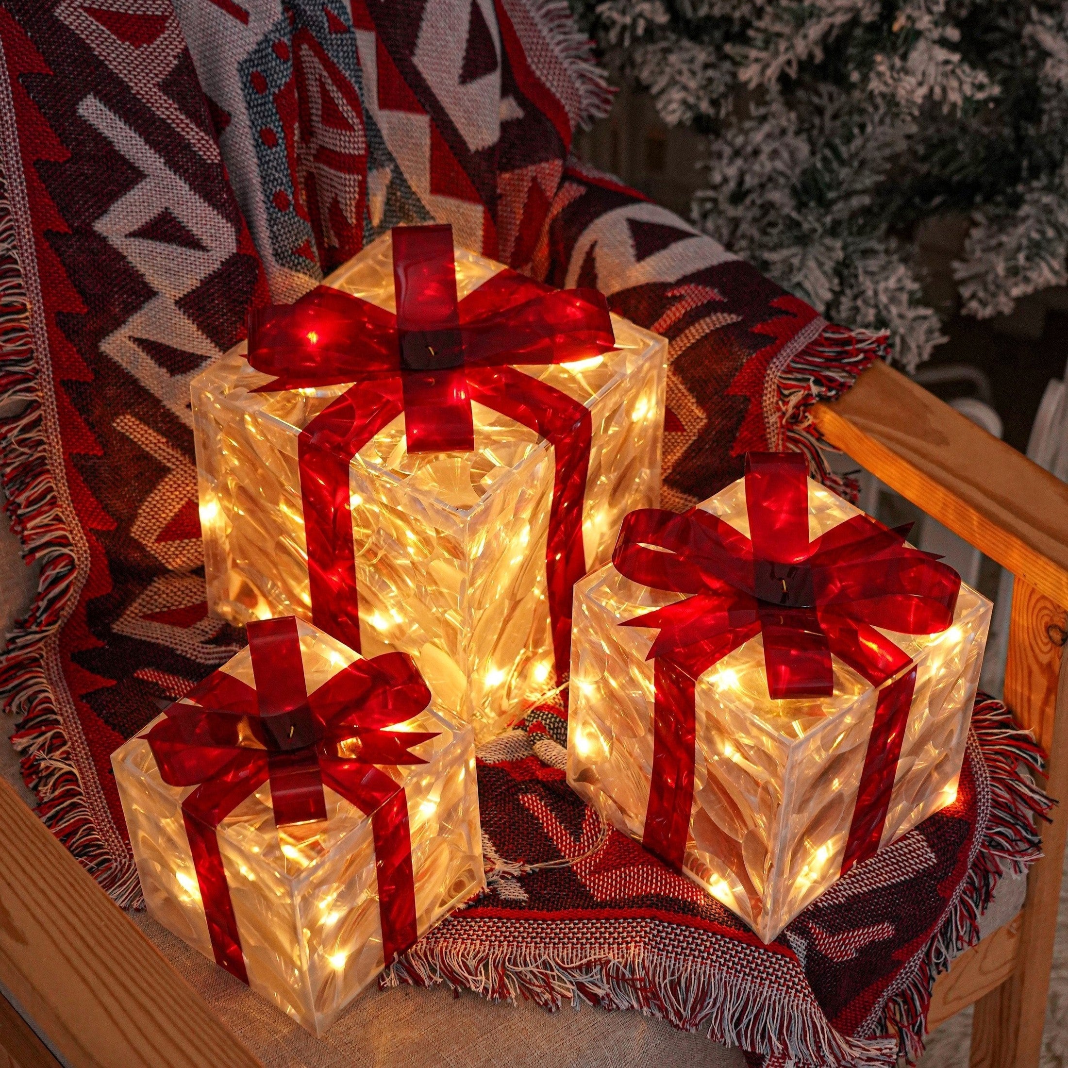 BowLift | GlowBox LED Gift Boxes – Set of 3 Illuminated Christmas Gifts for Indoor and Outdoor