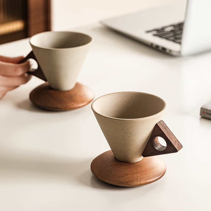 BaristaLuxe Ceramic Coffee Mug 250ml – Handcrafted with Wooden Handle and Saucer | Bowlift