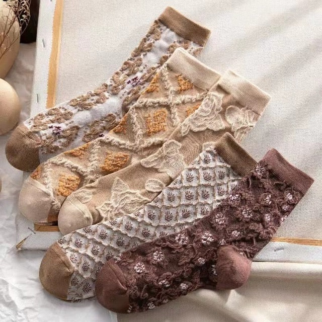 BowLift | 5 Pair Vintage Flower Embroidery Socks