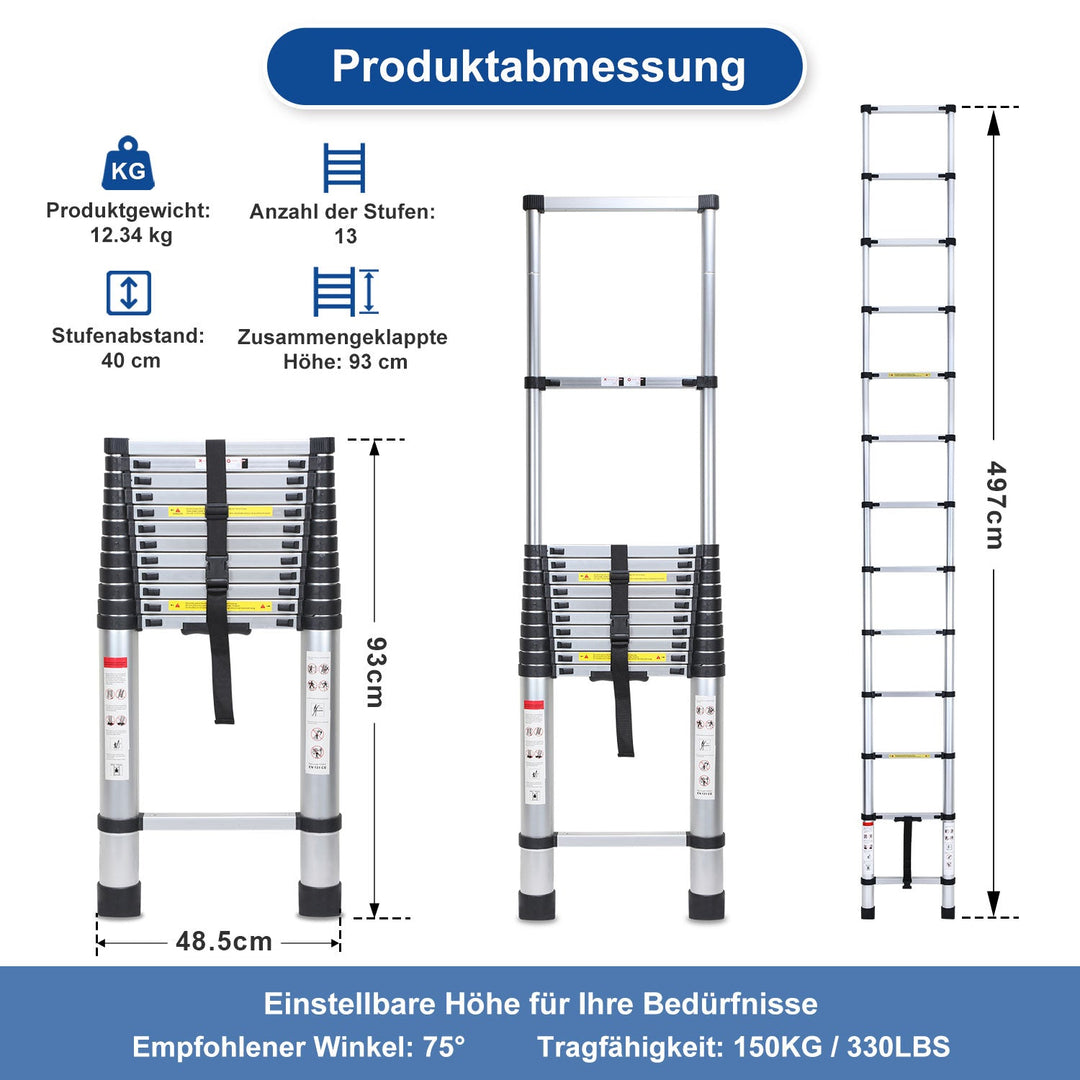 Telescopic Ladder Aluminum Load capacity up to 150kg 2.6m-5m | Bowlift