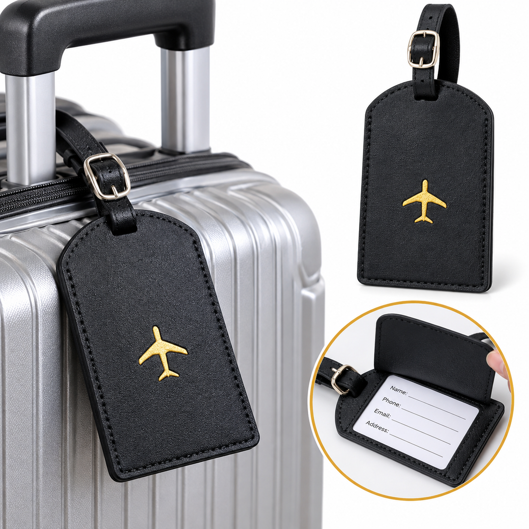 Premium Leather Luggage Tag with Adjustable Strap and Embroidered Airplane Icon Bowlift