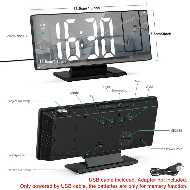 BowLift | 180° Adjustable LED Projection Alarm Clock – Snooze, 12/24H Time & Temperature Display, Mirror Design – USB Powered, Night Mode & Memory Function