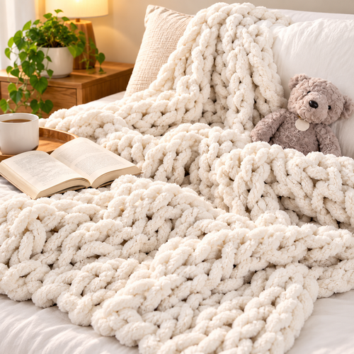 Chunky Hand-Knitted Oversized Plush Throw Blanket Bowlift