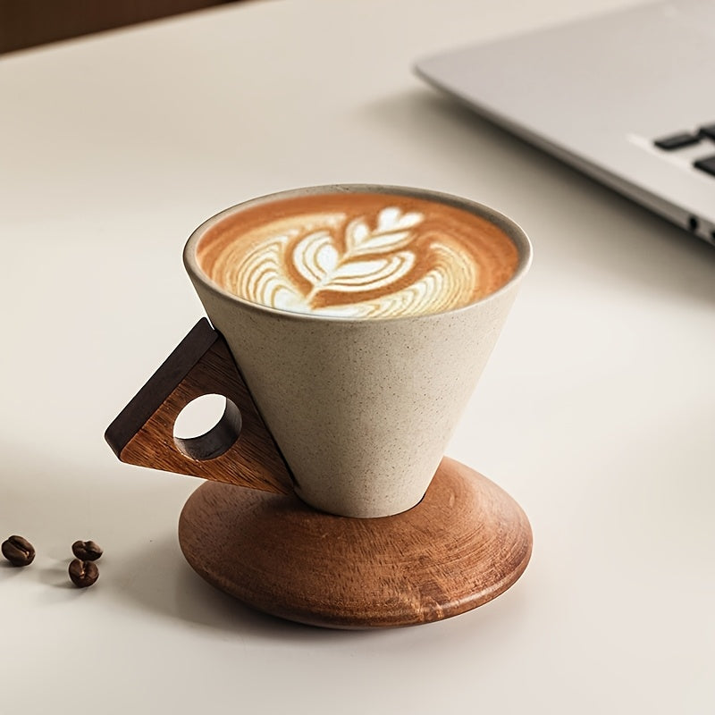 BaristaLuxe Ceramic Coffee Cup 250ml – Handmade with Wooden Handle and Coaster | Bowlift