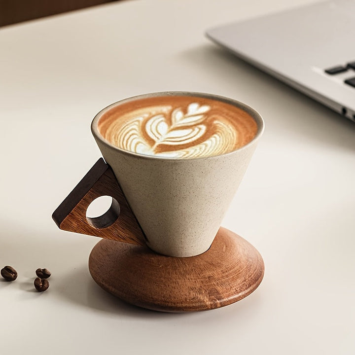 BaristaLuxe Ceramic Coffee Cup 250ml – Handmade with Wooden Handle and Coaster | Bowlift