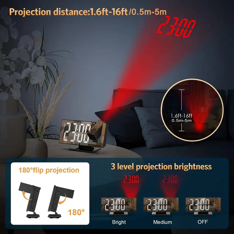 BowLift | 180° Adjustable LED Projection Alarm Clock – Snooze, 12/24H Time & Temperature Display, Mirror Design – USB Powered, Night Mode & Memory Function