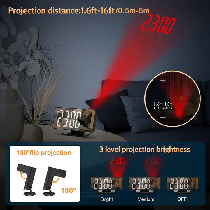 BowLift | 180° Adjustable LED Projection Alarm Clock – Snooze, 12/24H Time & Temperature Display, Mirror Design – USB Powered, Night Mode & Memory Function