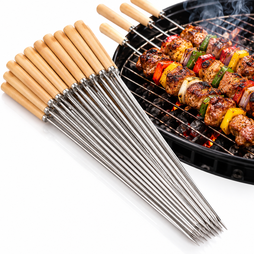Stainless Steel BBQ Skewers with Wood-Handled Design Bowlift