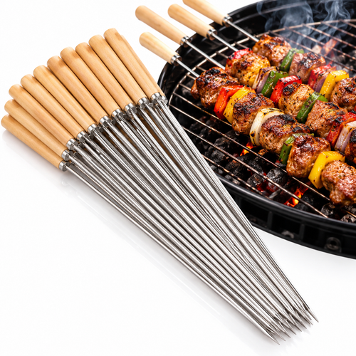 Stainless Steel BBQ Skewers with Wood-Handled Design Bowlift